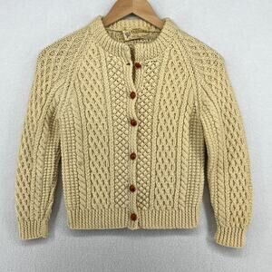 CARBERY Sweater Girls L Wool Fisherman Button Up Cardigan Beige Ireland VTG